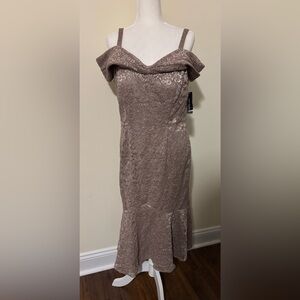 RM Richard’s Off-Shoulder Lace Midi Dress in Champagne